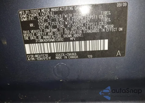 2010 Toyota Rav4 Base V6 z USA, uszkodzony, nr VIN 2T3BK4DV9AW013892